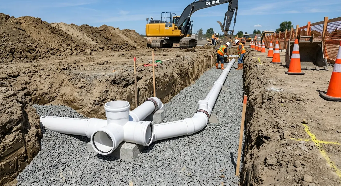 New PVC sewer pipe installation in open trench for Commercial Drain Cleaning in Sandwich