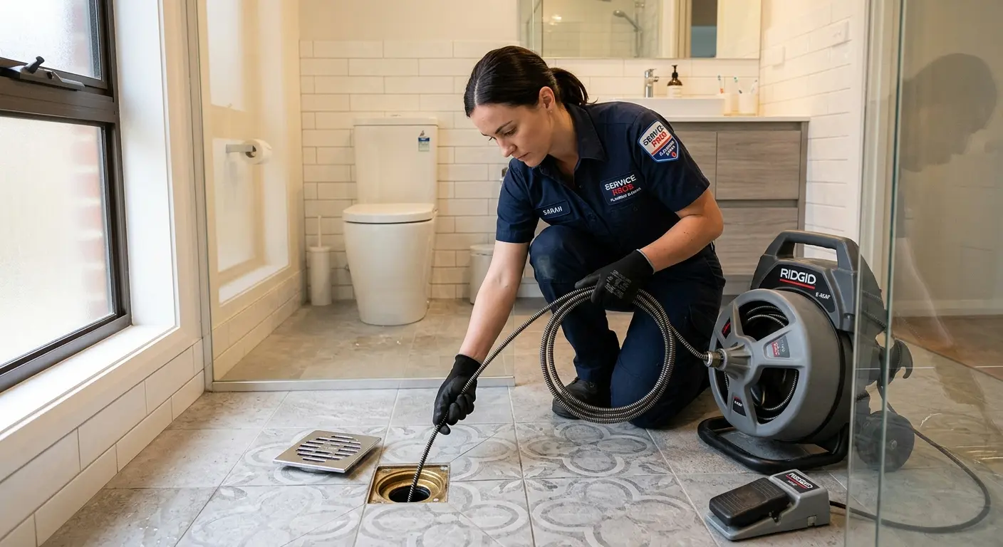 Technician clearing a bathroom floor drain for Clogged Drain Repair in Sandwich